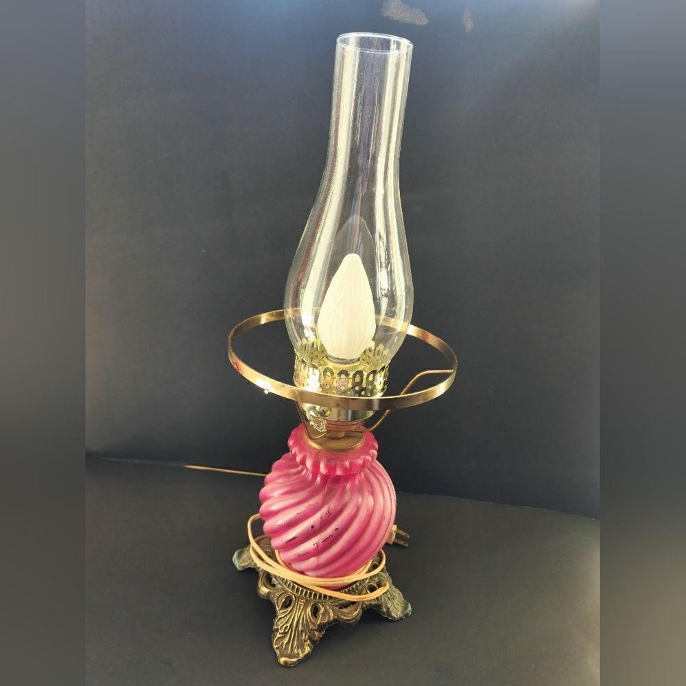 Antique Cranberry opalescent swirl glass 3 way lamp